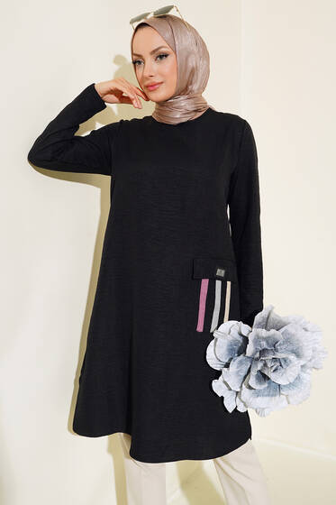Renkli Cep Detaylı Keten Tunik Siyah - Tunik