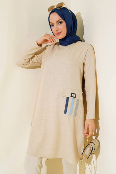 Renkli Cep Detaylı Keten Tunik Bej - Tunik