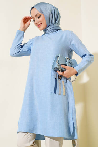 Renkli Cep Detaylı Keten Tunik Buz Mavisi - Tunik