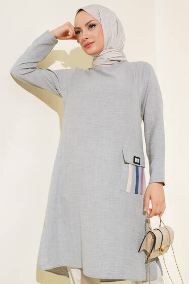 Renkli Cep Detaylı Keten Tunik Gri - Tunik