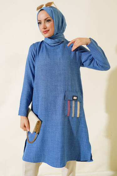 Renkli Cep Detaylı Keten Tunik İndigo - Tunik