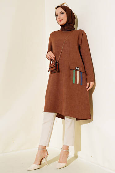 Renkli Cep Detaylı Keten Tunik Kahve - Tunik