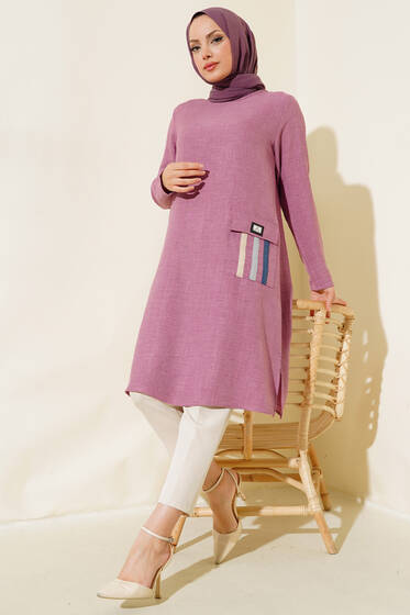 Renkli Cep Detaylı Keten Tunik Lila - Tunik