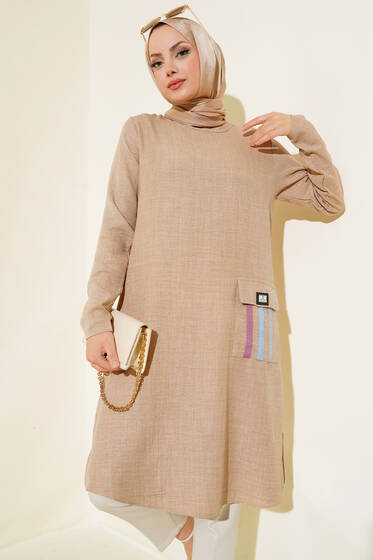 Renkli Cep Detaylı Keten Tunik Taş - Tunik
