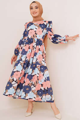 Renkli Çiçek Desenli Terikoton Elbise Lacivert 