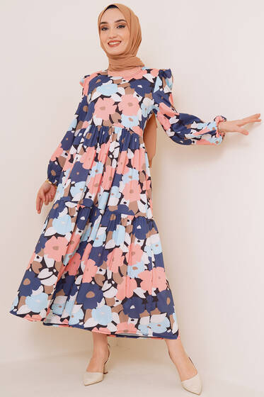 Renkli Çiçek Desenli Terikoton Elbise Lacivert - Tesettür Elbise