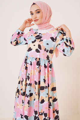 Renkli Çiçek Desenli Terikoton Elbise Pudra - Tesettür Elbise