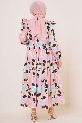 Renkli Çiçek Desenli Terikoton Elbise Pudra - Tesettür Elbise