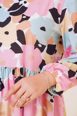 Renkli Çiçek Desenli Terikoton Elbise Pudra - Tesettür Elbise