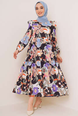 Renkli Çiçek Desenli Terikoton Elbise Siyah 