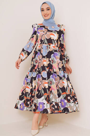 Renkli Çiçek Desenli Terikoton Elbise Siyah - Tesettür Elbise