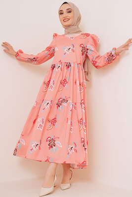 Renkli Çiçek Desenli Terikoton Elbise Somon 