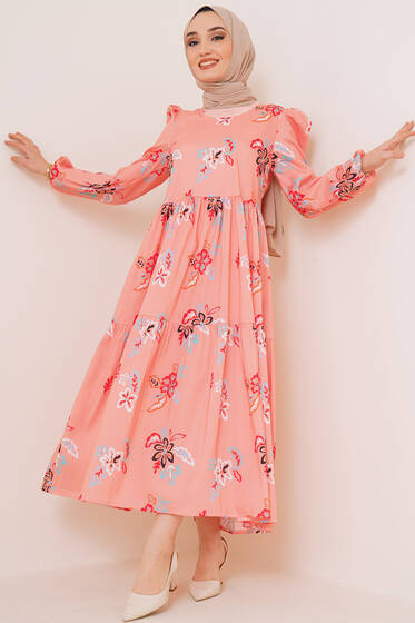 Renkli Çiçek Desenli Terikoton Elbise Somon - Tesettür Elbise