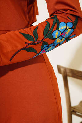 Renkli Çiçek Nakışlı Elbise Taba - Thumbnail