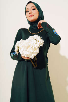Renkli Çiçek Nakışlı Elbise Zümrüt Yeşil - Thumbnail