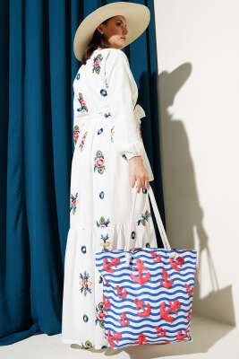 Renkli Çiçek Nakışlı Kuşaklı Elbise Beyaz - Tesettür Elbise