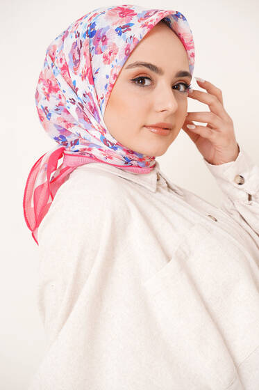 Renkli Çiçekler Serisi Eşarp Fuşya - Black&White