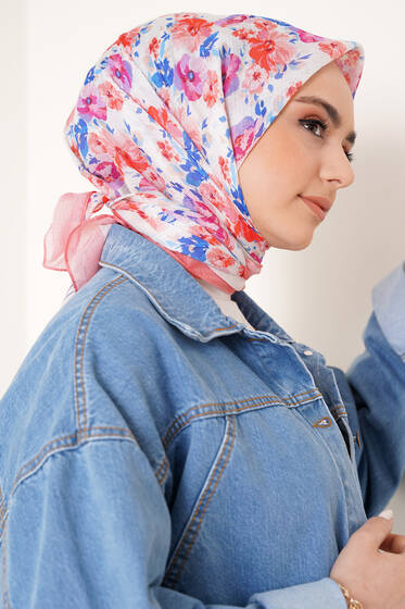 Renkli Çiçekler Serisi Eşarp Gül Pembe - Black&White