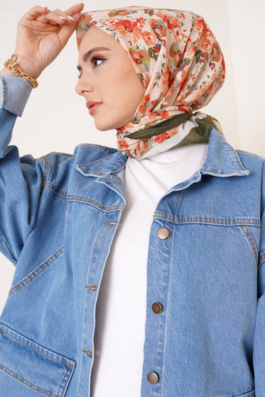 Renkli Çiçekler Serisi Eşarp Haki - Black&White