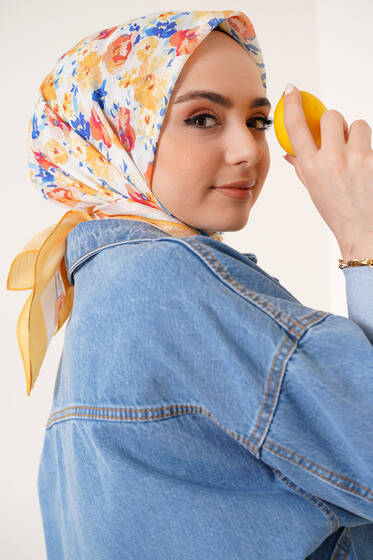 Renkli Çiçekler Serisi Eşarp Hardal - Black&White