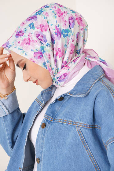 Renkli Çiçekler Serisi Eşarp Leylak - Black&White