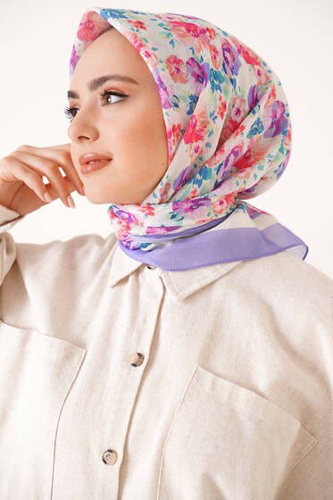 Renkli Çiçekler Serisi Eşarp Lila - Black&White