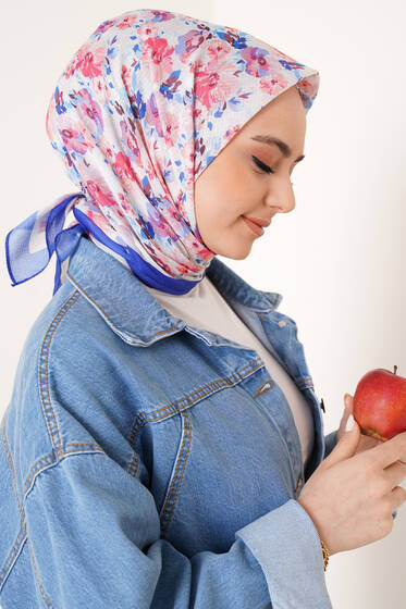 Renkli Çiçekler Serisi Eşarp Saks - Black&White