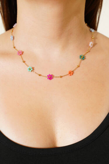 Renkli Çiçekli Kolye Gold - Kolye