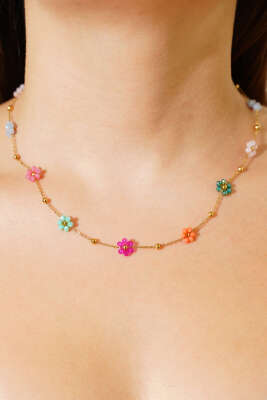 Renkli Çiçekli Kolye Gold - Kolye
