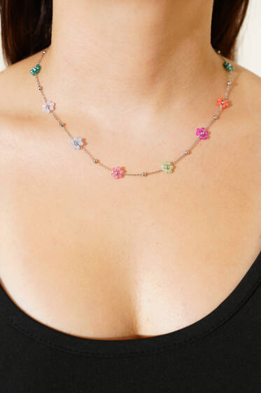 Renkli Çiçekli Kolye Gümüş - Kolye