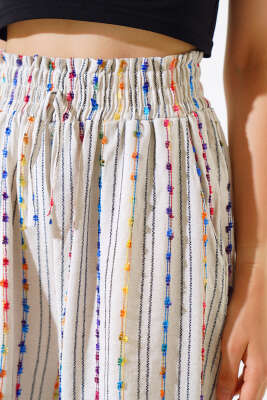 Renkli Çizgili Keten Pantolon Bej - Kadın Giyim Modelleri