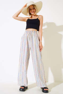 Renkli Çizgili Keten Pantolon Bej - Kadın Giyim Modelleri
