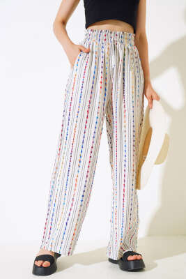 Renkli Çizgili Keten Pantolon Bej - Kadın Giyim Modelleri