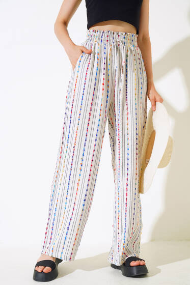 Renkli Çizgili Keten Pantolon Bej - Kadın Giyim Modelleri