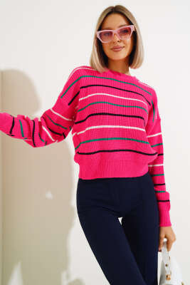 Renkli Çizgili Triko Crop Kazak Fuşya - Kadın Giyim Modelleri