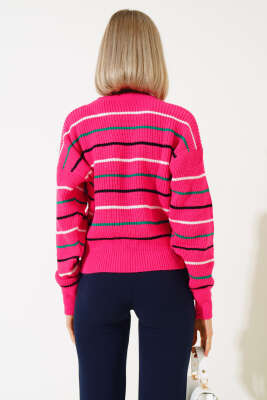 Renkli Çizgili Triko Crop Kazak Fuşya - Kadın Giyim Modelleri