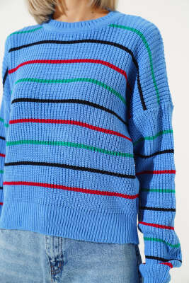 Renkli Çizgili Triko Crop Kazak İndigo - Kadın Giyim Modelleri