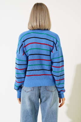 Renkli Çizgili Triko Crop Kazak İndigo - Kadın Giyim Modelleri