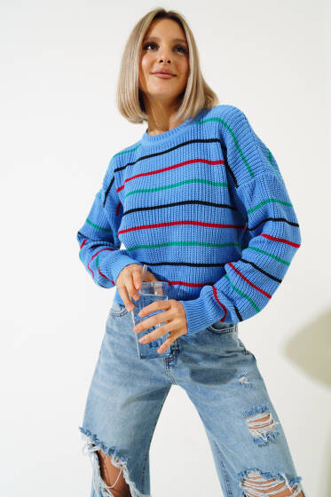 Renkli Çizgili Triko Crop Kazak İndigo - Yeni Giyim