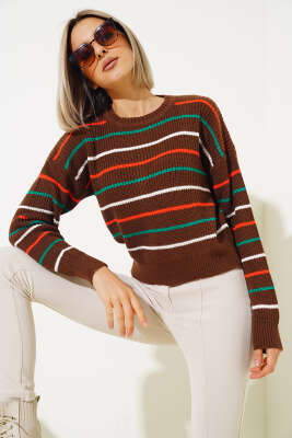 Renkli Çizgili Triko Crop Kazak Kahve - Kadın Giyim Modelleri