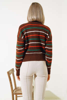 Renkli Çizgili Triko Crop Kazak Kahve - Kadın Giyim Modelleri