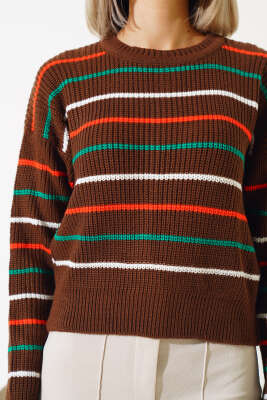 Renkli Çizgili Triko Crop Kazak Kahve - Kadın Giyim Modelleri