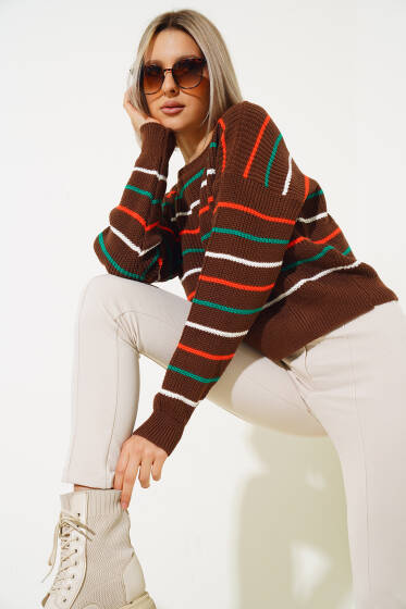 Renkli Çizgili Triko Crop Kazak Kahve - Yeni Giyim