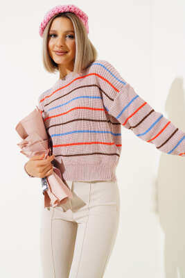 Renkli Çizgili Triko Crop Kazak Pudra - Kadın Giyim Modelleri