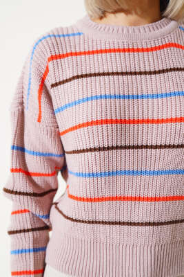 Renkli Çizgili Triko Crop Kazak Pudra - Kadın Giyim Modelleri