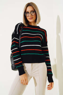 Renkli Çizgili Triko Crop Kazak Siyah - Kadın Giyim Modelleri