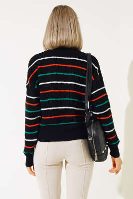 Renkli Çizgili Triko Crop Kazak Siyah - Kadın Giyim Modelleri