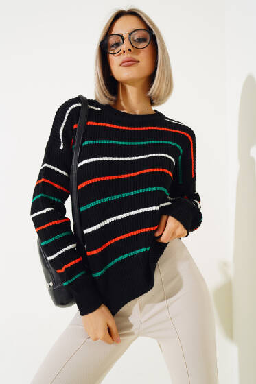 Renkli Çizgili Triko Crop Kazak Siyah - Yeni Giyim