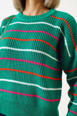 Renkli Çizgili Triko Crop Kazak Zümrüt - Kadın Giyim Modelleri