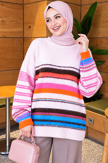 Renkli Çizgili Yumoş Triko Tunik Pembe - Tunik